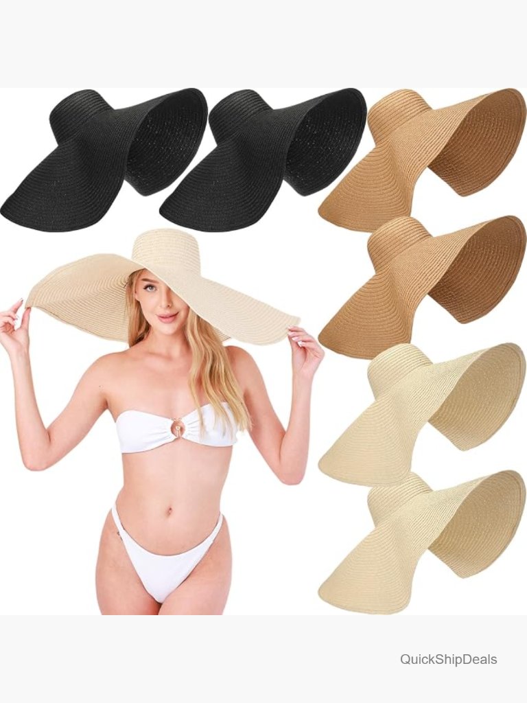 6 Pack Oversized Straw Sun Hats Foldable Floppy Wide Brim Beach Hat For Women